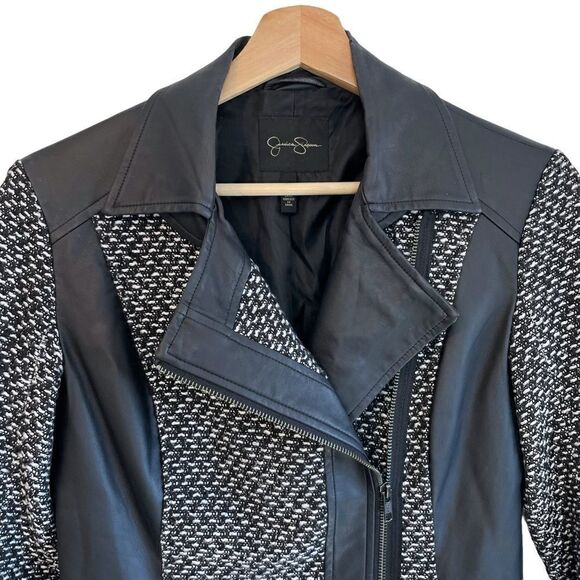 Jessica Simpson Wool Blend Tweed Vegan Leather Jacket - Picture 2 of 10